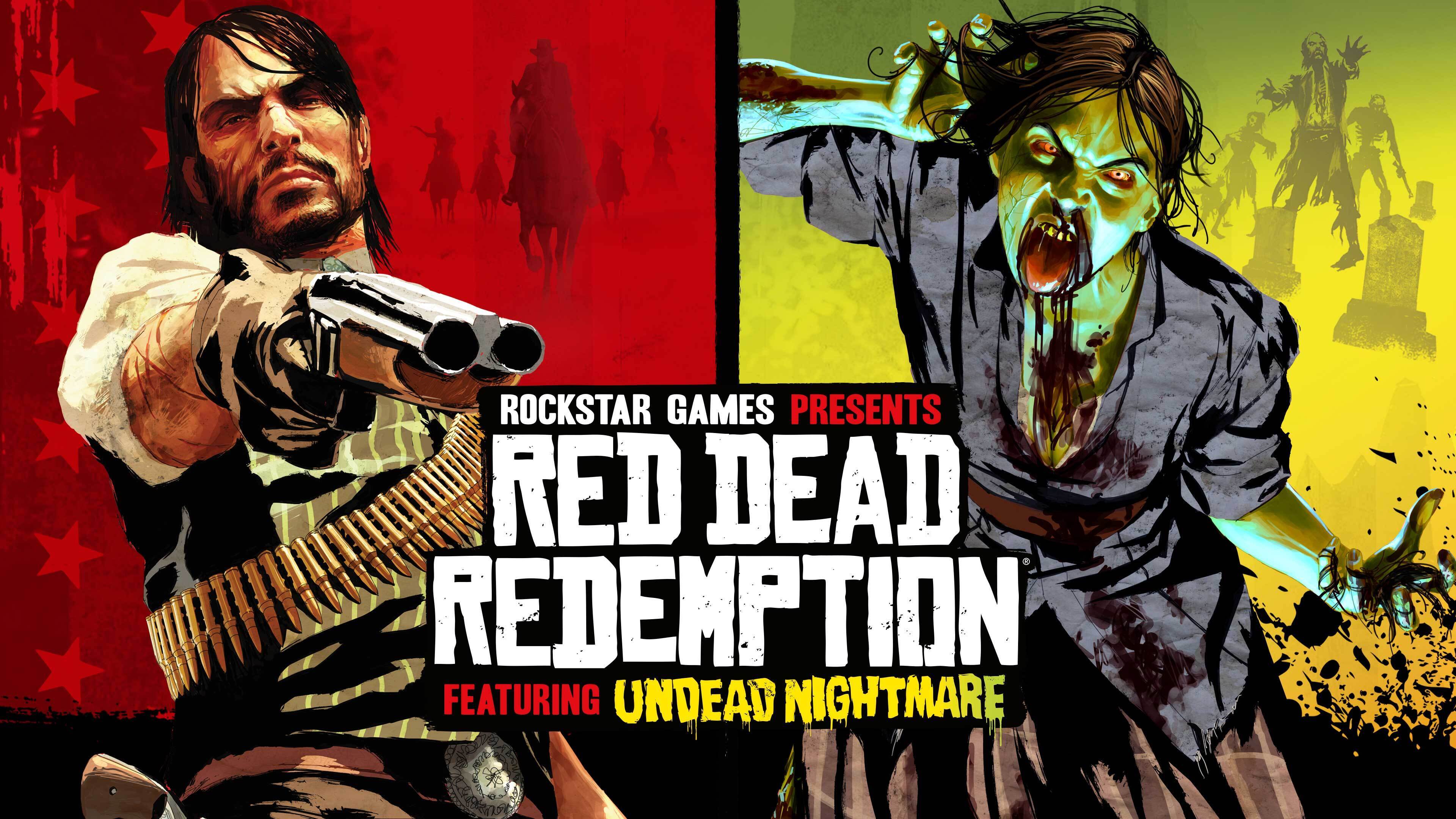 Red Dead Redemption poster featuring a split image of John Marston pointing a sawed-off shotgun and an Undead Abigail Marston lunging forward. Text reads: “Rockstar Games Presents Red Dead Redemption featuring Undead Nightmare.” 