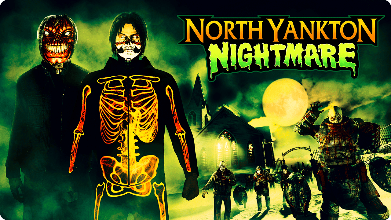 North Yankton Nightmare poster with two GTA Online characters, one wears the Orange Glow Skeleton Onesie, the other a Red Hooded Skull Mask. 