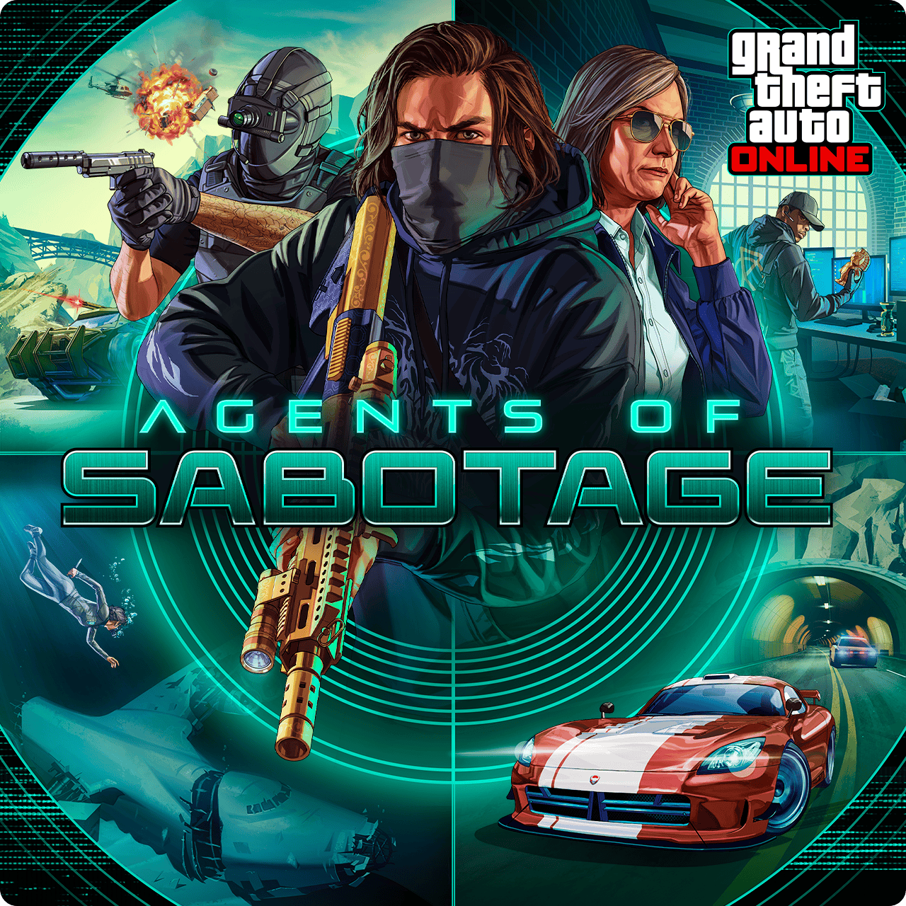 Grand Theft Auto Online Agents of Sabotage artwork featuring a collection of action-packed scenes of armed characters, a tank, police pursuits, scuba diving, and someone inspecting an antique. 