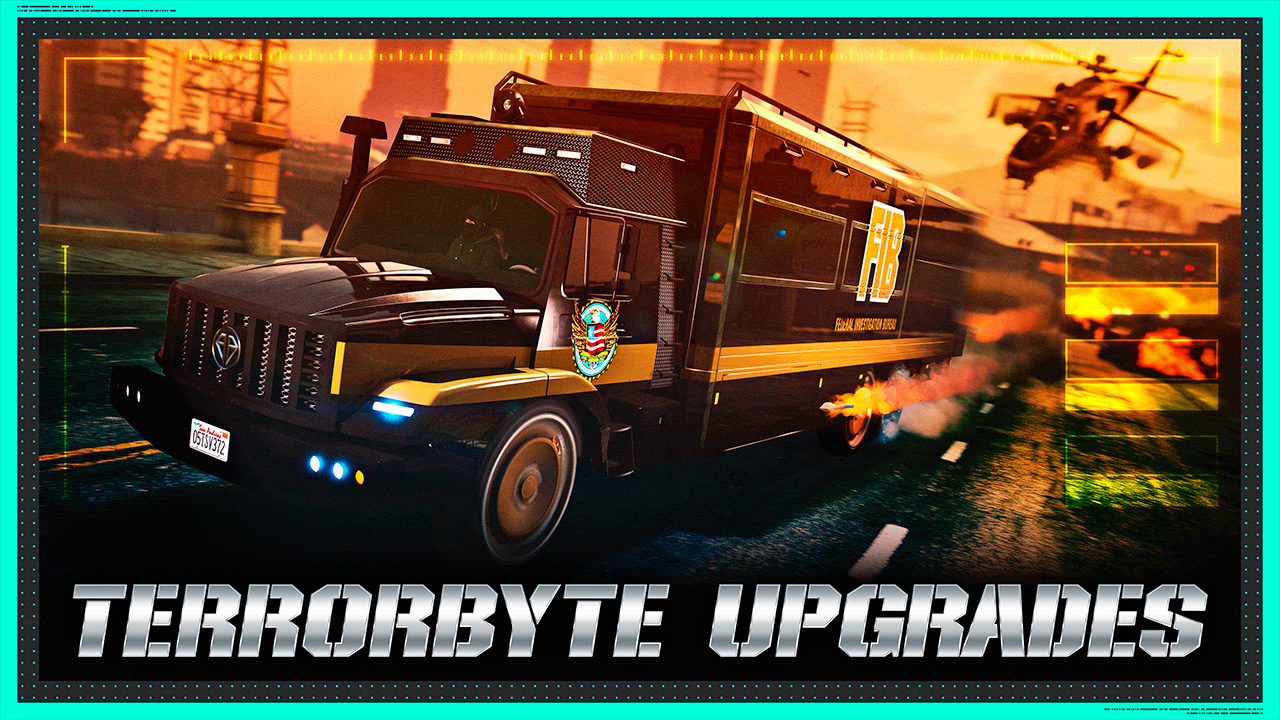 Benefactor Terrorbyte Upgrades poster with a truck speeding away from a helicopter. 