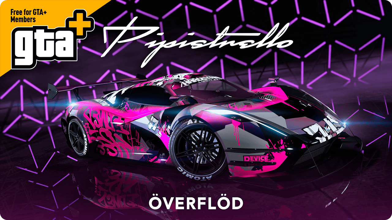 A three-door grey Överflöd Pipistrello with a vibrant pink graffiti livery.