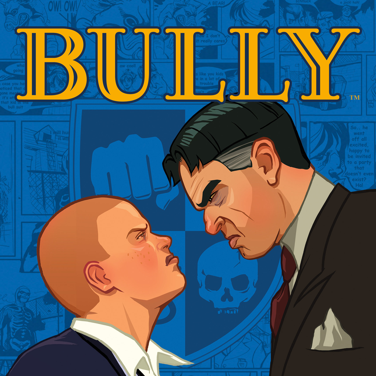 Bully key art of Jimmy Hopkins, a student, looking up with a glare to Principal Dr. Ralph Crabblesnitch, glaring back. 