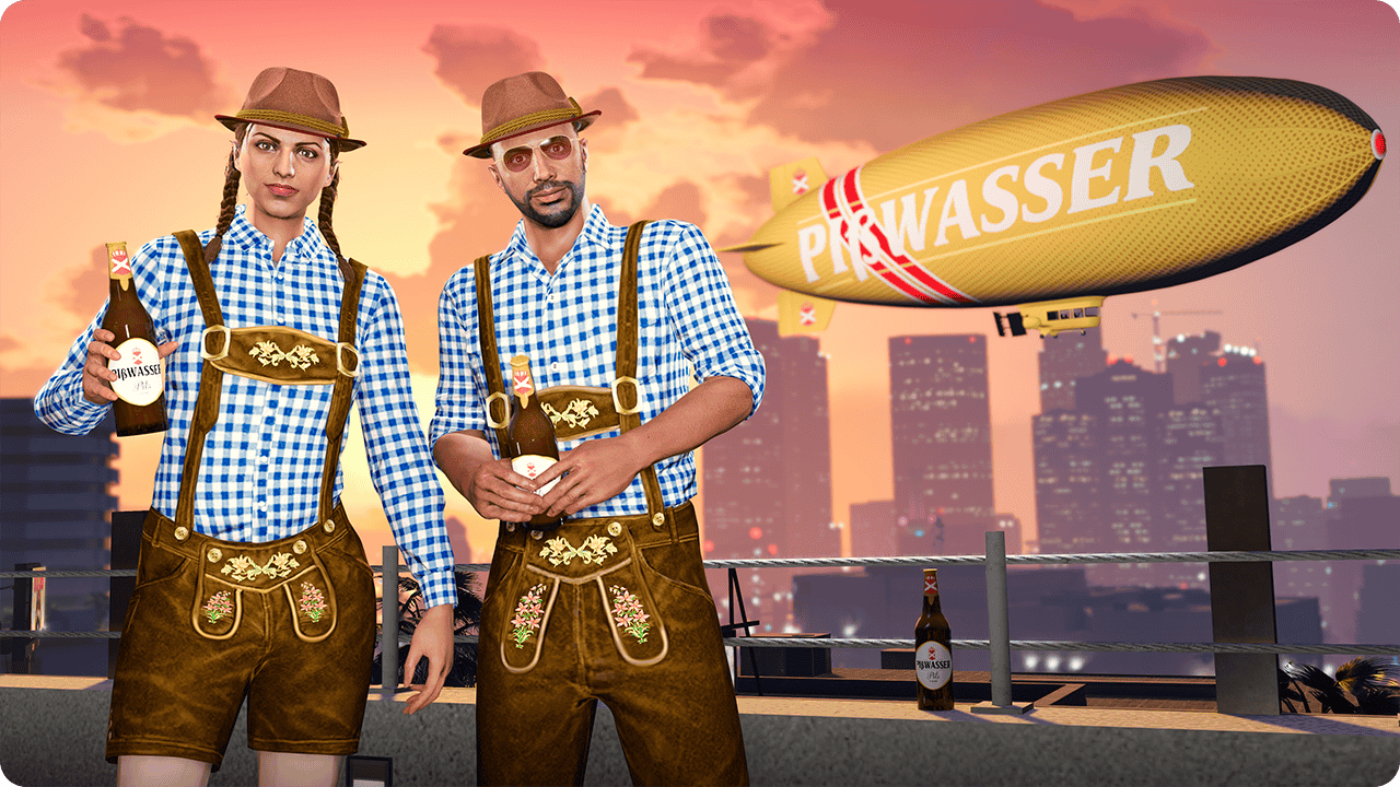 Two GTA Online characters wearing the Alpine Outfit featuring a blue and white shirt and brown decorated bottoms with suspenders. 