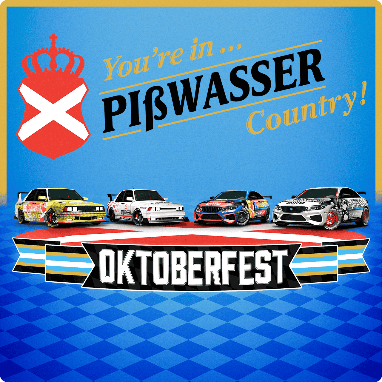 Oktoberfest event poster showcasing four Übermacht drifting cars decorated with Pißwasser Race Geometry and Pißwasser Race limited-time liveries.