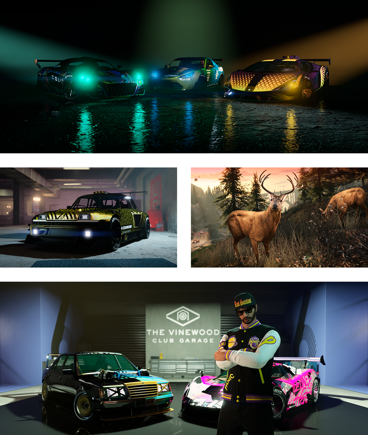 Four images. Image one: A Coil Cyclone II, Karin S95, and Pegassi Weaponized Ignus. Image two: A La Coureuse parked in Hao's Special Works auto shop. Image three: Two deer grazing on a mountain. Image four: A GTA Online character stands in front of two vehicles in The Vinewood Club Garage.