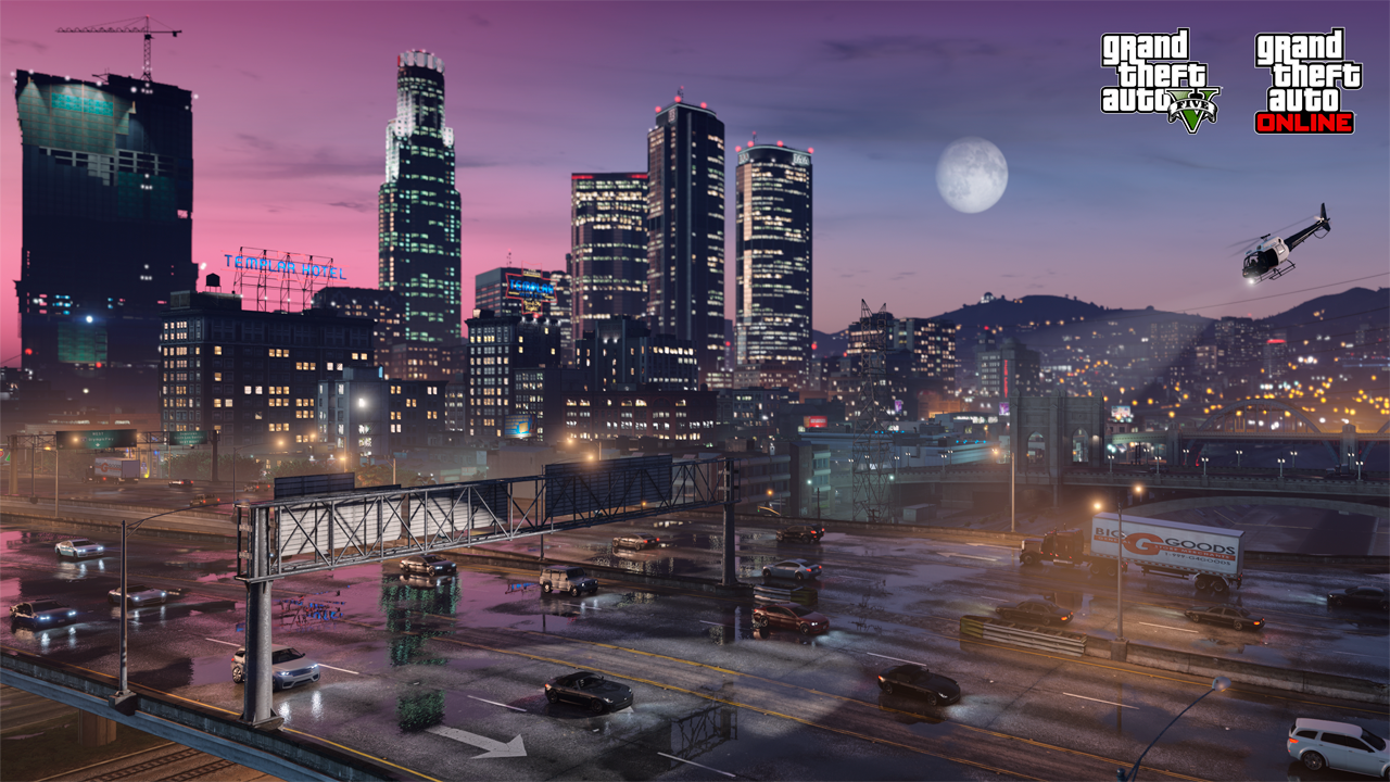 A landscape of Downtown Los Santos at night.