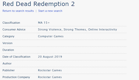 Red Dead Redemption II w bazie Australian Classification